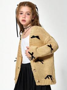 SHEIN 少女針織開襟衫，寬鬆版型黑色蝴蝶結裝飾開襟衫，適合秋季，可愛返校假期日常穿著，派對與萬聖節 - 卡其色 - 查看 4