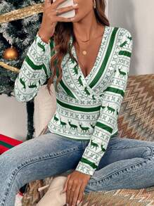 SHEIN Clasi Casual Christmas Reindeer & Snowflake Striped Print T-Shirt, Autumn/Winter Fall Cloth For Women - Green - View 4