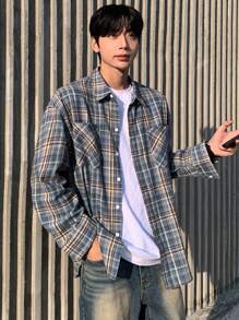 DAZY 男士休闲通勤格子印花长袖衬衫，秋季 - 藍色 - 查看 1