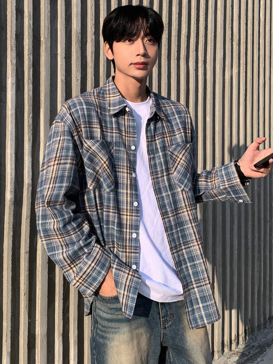 DAZY 男士休闲通勤格子印花长袖衬衫，秋季 - 藍色 - 查看 1