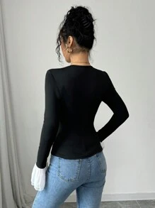 Calvaya Camiseta de manga larga con cuello en V, diseño de contraste de puño partido y cruzado en unicolor, para primavera/otoño