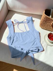 Comfortcana Summer Blue Knit Backless Tie Strap Camisole - Baby Blue - View 2
