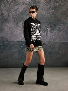 BATMAN X SHEIN 85th Unisex Graphic Print Drawstring Hoodies, For Fall - Black - View 4