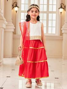 SHEIN 2pcs Set: Young Girl Sleeveless Round Neck Mini Skirt, Casual & Fashionable For Daily Wear - Red - View 6
