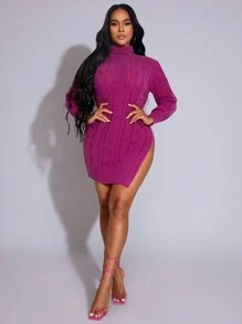 Zolique Neuer lila Pulloverkleid für Damen mit Rollkragen, Zopfmuster und Schlitz, für Herbst/Winter