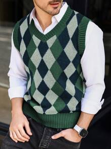 Manfinity Mode Men's Casual Rhombus Pattern V-Neck Sleeveless Sweater Vest, Autumn/Winter, Men Sweater Vest, Sleeveless Sweater Men, Men Knit Vest, Diamond Pattern Sweater Vest, Argyle Sweater Vest