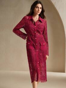 Anewsta Vestido elegante francés de unicolor con encaje frontal, botones en la cintura y cierre a la cintura - Rojo - Ver 6