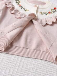 SHEIN 2 件套女婴花卉刺绣毛衣和裤子套装，复古农舍风格褶边针织服装