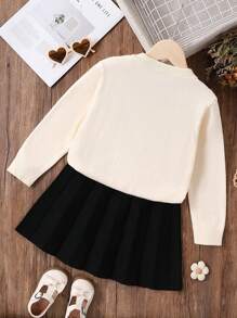 SHEIN 2pcs Set For Young Girl, Red Sweater Cardigan With 3D Bow Decor And Pleated Skirt Set, Autumn/Winter - Multicolor - View 2