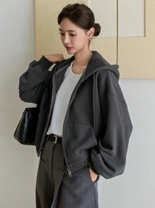 Dazy-Less 女士纯色宽松休闲简约连帽短款运动衫连帽衫，秋季服装拉链夹克 - 深灰色 - 查看 5