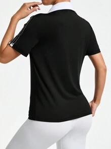 SHEIN Sports Women's Casual Polo Shirt Minimalist Color Block Design, Suitable For Outdoor Sports - Black - View 2