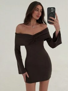 Aloruh Women's Solid Color Off Shoulder Long Sleeve Ruffle Bodycon Mini Dress