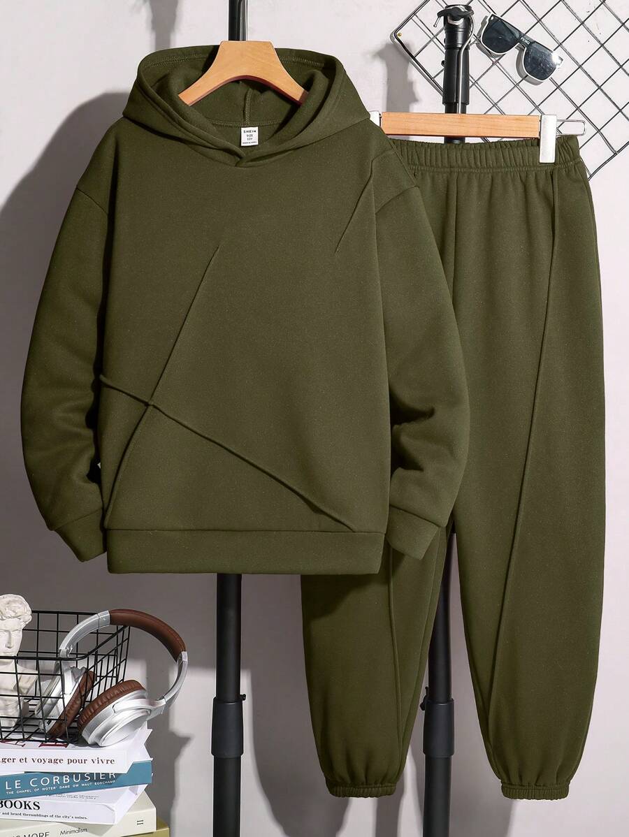 SHEIN 2pcs Tween Boy Fleece Hoodie & Sweatpants Set, All-Match & Versatile, Suitable For Spring & Autumn, Thickened - Army Green - View 1