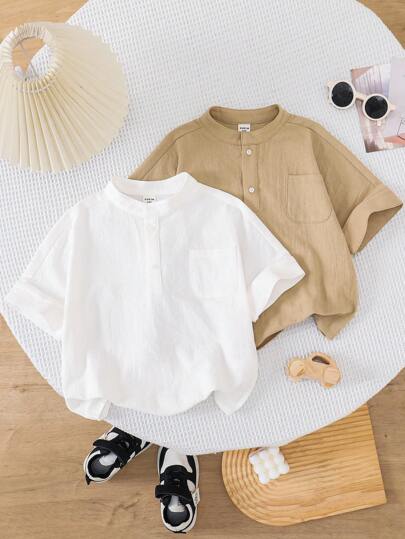 SHEIN Leap Crew 2 件套男童休闲可爱前扣短袖衬衫，多件套适合春夏秋冬居家、户外、学校、运动