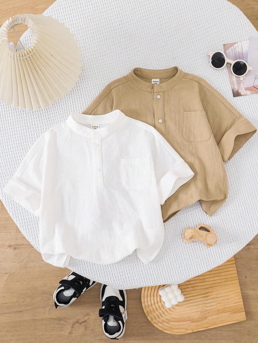SHEIN Leap Crew Set de 2 camisas casuales con botones delanteros y manga corta para niños, conjunto multipieza adecuado para primavera, verano, otoño e invierno, para usar en casa, al aire libre, escuela y deportes - Multicolor - Ver 1