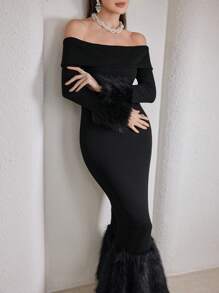 Modelyn 1pc Women's Solid Color Off-Shoulder Furry Long Sleeve Fitted Dress, Elegant Long Evening Dresses