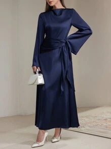 Veilorie Women Elegant Party Solid Color Flare Sleeve Arabic Long Dress Modest - Royal Blue - View 6