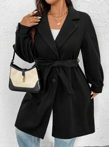 SHEIN Essnce Plus Size Women Jesień I Zima Moda Swobodna Luźna Wygodna Talia Czarny Podstawowy Klasyczny Długi Rękaw Długi Wełniany Płaszcz, Zimowe Stroje Damskie, Stroje Damskie Zachodnie, Ciepłe Płaszcze Damskie, Kurtka Zimowa, Czarny Płaszcz, Płaszcze Curve