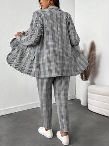 SHEIN Essnce Plus Size Women's And Fashion Casual Comfortable Basic Daily Black And White Plaid Long-Sleeved Suit Jacket And Leggings Two Pieces Set,Women Blazer Set,Work Clothes,Curve Office Wear,Pants Set,Business Casual Women,Old Money Style Women,Office Spring - Black and White - View 2