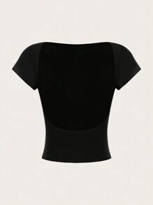 SHEIN EZwear 2pcs/Set Women Backless Round Neck Short Sleeve Tight Crop Top, Suitable For Summer Suitable For Going Out - Multicolor - View 7