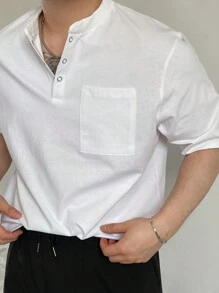 DAZY Men's All-Match Half-Button Placket Versatile T-Shirt,Fall Clothes - White - View 2