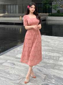 DAZY Lace Allover Floral Pattern Square Neck Mid-Long Dress For Women,Milkmaid Dress