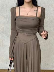 DAZY 3 件套：优雅吊带背心和阔腿裤套装，适合女士 - 卡其色 - 查看 8