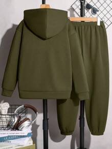 SHEIN 2pcs Tween Boy Fleece Hoodie & Sweatpants Set, All-Match & Versatile, Suitable For Spring & Autumn, Thickened - Army Green - View 2