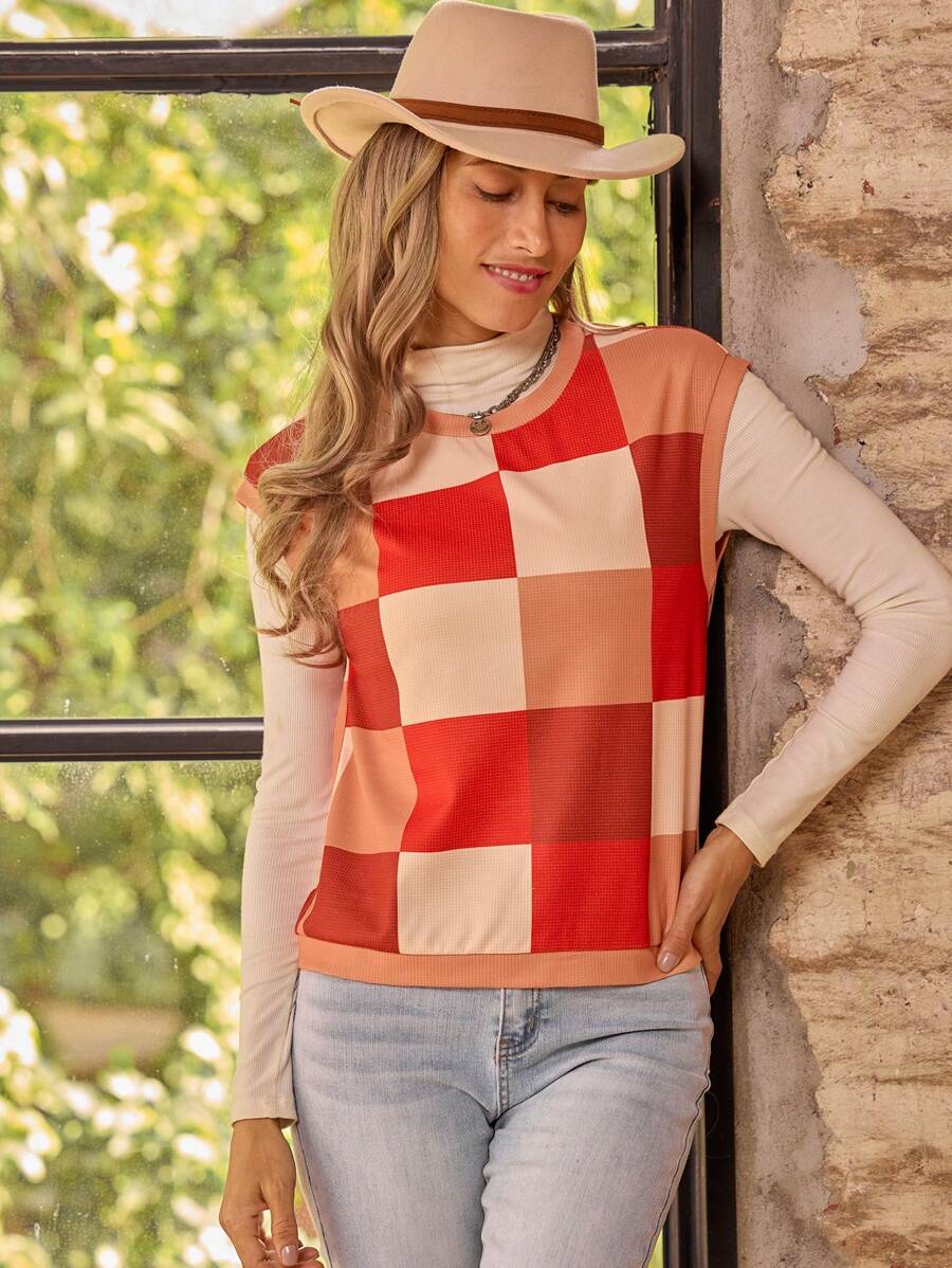 LanaWest 女士休闲格子图案吊带背心（随机剪裁）图案 T 恤女士上衣 - 彩色 - 查看 1