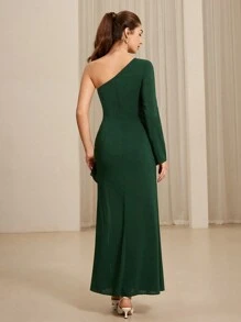 Aveloria Women's One Shoulder Long Sleeve Ruffle Hem Slit Dress, Suitable For Valentine's Day, Spring And Summer Fall Cloth For Women - Dark Green - View 2