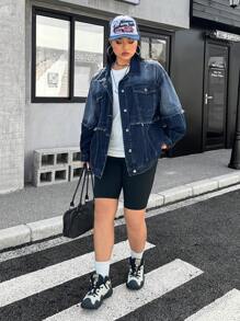 SHEIN EZwear 大码女式秋季长袖单排扣休闲磨边牛仔夹克