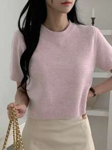 DAZY Blusa de punto ajustada de manga corta y cuello redondo para mujer, ropa casual de primavera y otoño - Rosa - Ver 5