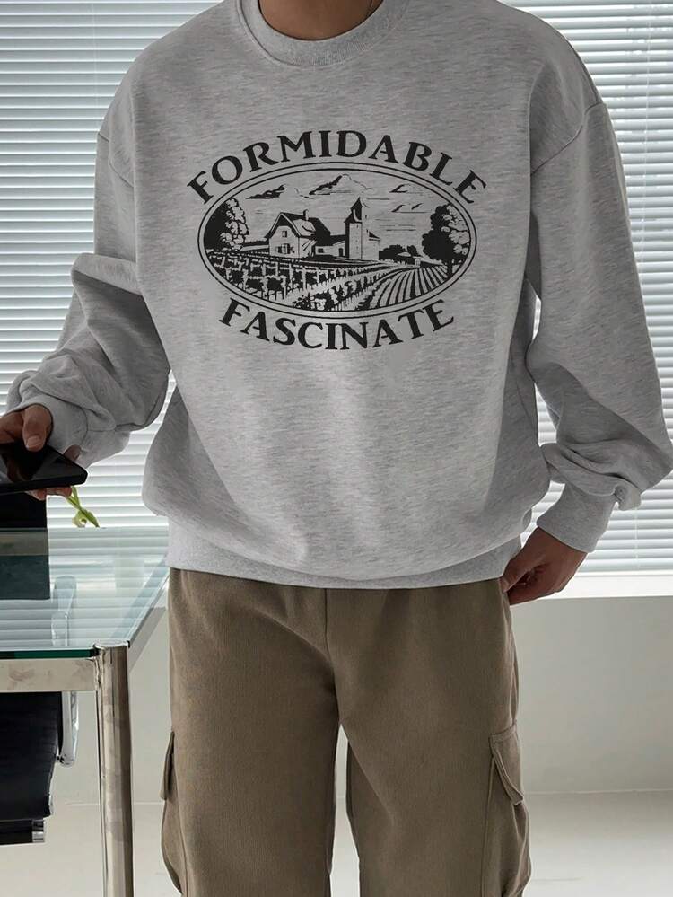 Men's Letter Print Sweatshirt, Heather Gray