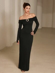 GENKIRA Off Shoulder Ribbed Fitted Maxi Knit Dress, Long Sleeve Bodycon Long Dress For Women - Black - View 5