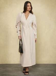 Forever 21 Women's Elegant Double Breasted Long Dress, Solid Color, Suitable For Parties - Apricot - View 4