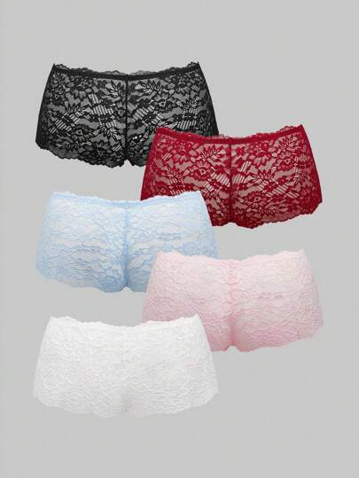 5 piezas Paquete de Bragas Bikini de Encaje Romántico Talla Grande