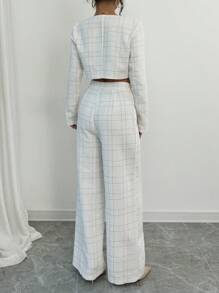 Rafferiza Petite Women 2 Pieces Set: Metallic Button Decor Round Neck Checkered Short Jacket & Straight Long Pants, Commuting Essential White Suit Fall Cloth For Women - White - View 2