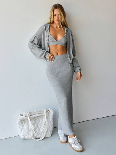 Hanevo 3 件套女士休闲套装 - 罗纹毛绒胸罩短款上衣、连帽宽松短灯笼袖夹克、高腰直筒中裙