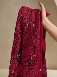 Anewsta Vestido elegante francés de unicolor con encaje frontal, botones en la cintura y cierre a la cintura - Rojo - Ver 8