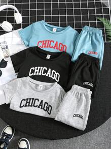 Conjunto de 6 piezas de ropa informal para niños pequeños con camiseta de cuello redondo con letras en inglés y pantalones cortos, apto para fiestas callejeras y en casa. Incluye chaqueta. Adecuado para niños en edad escolar, para usar a diario, para viajar, hacer deporte y en primavera, verano e invierno. Diseño de alto rendimiento.