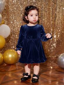 SHEIN Leap Crew 女婴可爱针织天鹅绒长袖连衣裙，海军蓝，秋冬 - 藏蓝色 - 查看 2