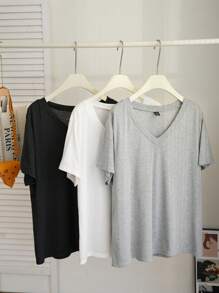 Comfortcana 3pcs Plus Size Casual V-Neck Swing T-Shirt, Spring/Summer