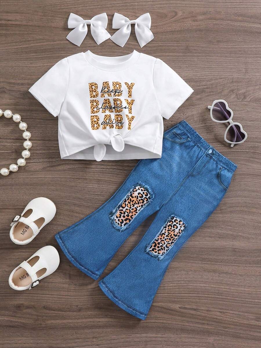 SHEIN 女婴可爱豹纹短袖上衣配松紧腰裤套装，夏季 - 白色 - 查看 1
