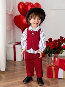 SHEIN 2pcs Set Baby Boys Casual 2 In 1 Vest Shirt, Striped Shirt Top And Straight Pants With Bow Tie , Suitable For Spring/Autumn, Suitable For Christmas, Birthday, Christening, 1st Birthday Party, Evening Party, Performance, Wedding