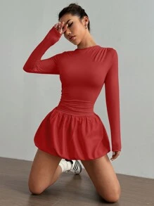 Flirla Vestido de mujer de manga larga, cuello redondo, unicolor, elegante y con efecto globo