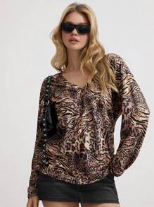 Lunelith SHEIN Lunessa 1 pieza Camiseta de manga larga holgada y cómoda con cuello en V, estampado de leopardo y cebra asimétrico y sexy para mujer, multicolor, para otoño/invierno y primavera