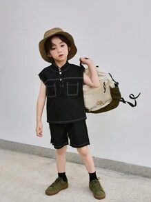 2 件装年轻男孩时尚立领无袖上衣 + 配套休闲短裤套装，时尚酷炫工作服套装，夏季 - 黑色 - 查看 3