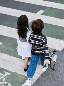 2pcs/Set Young Boy Spring Autumn Polo Collar Long Sleeve Sweatshirt + Casual Elastic Waist Wide Leg Pants, Versatile 2 Pieces Outfit - Black - View 5