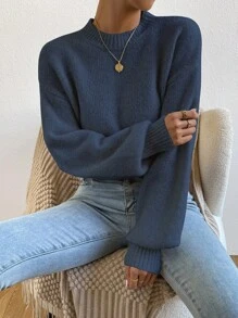 Chiquease Casual Solid Color Drop Shoulder Knit Sweater, Autumn/Winter Knit Pullover Fall - Blue - View 4