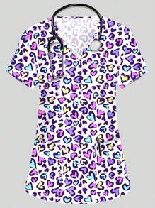 PopScrub Women's White Heart Print Scrub Uniform Top,V-Neck Short Sleeve Multi-Pocket Functional Work Wear For Nurse,Doctor,Pet Grooming,School,Maid,Holidays - White - View 1
